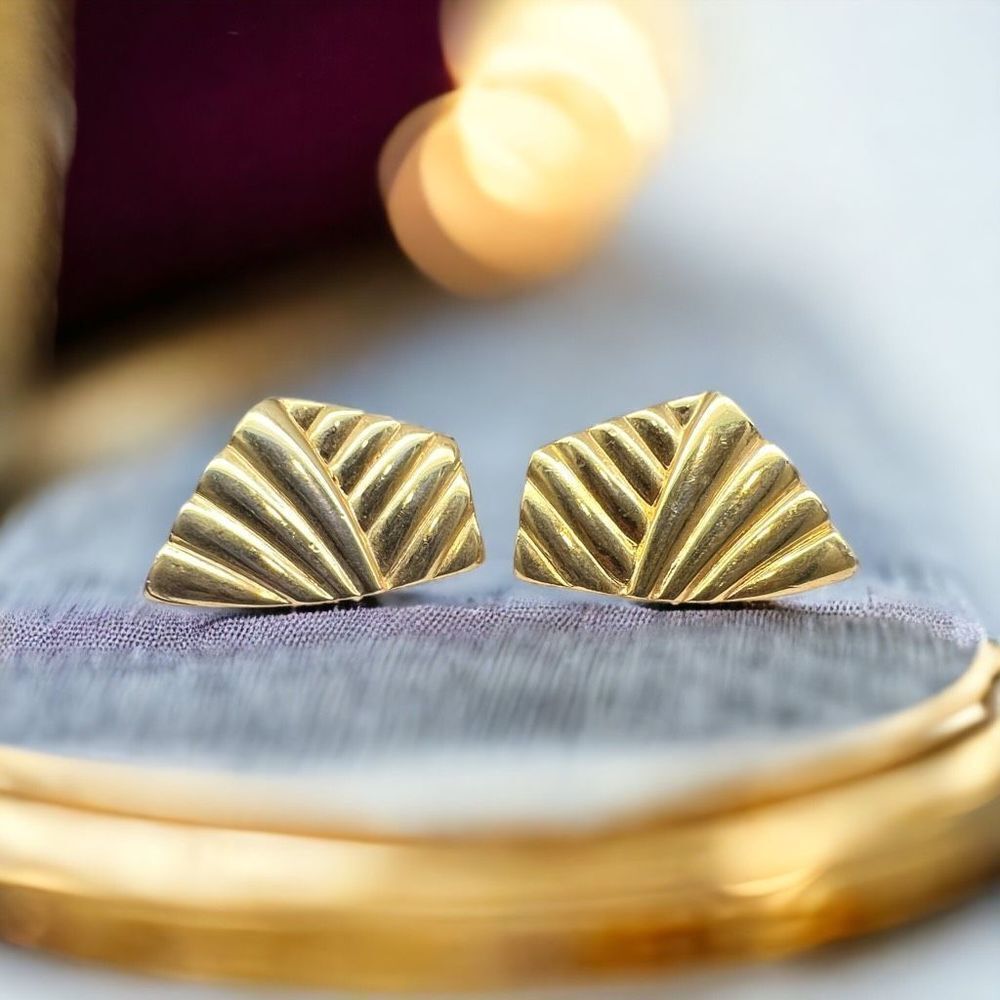 Fabergé Stamped | Retro 80s Gold‎ Tone Fan Earrings Vintage Geometric Old Money